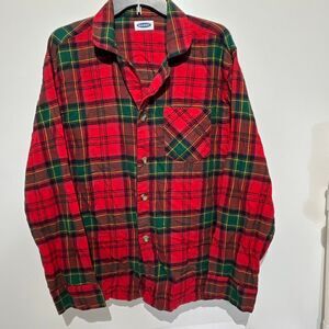 Old Navy Men's Red Green Plaid Flannel‎ Long Sleeve Button Up Shirt Size Large